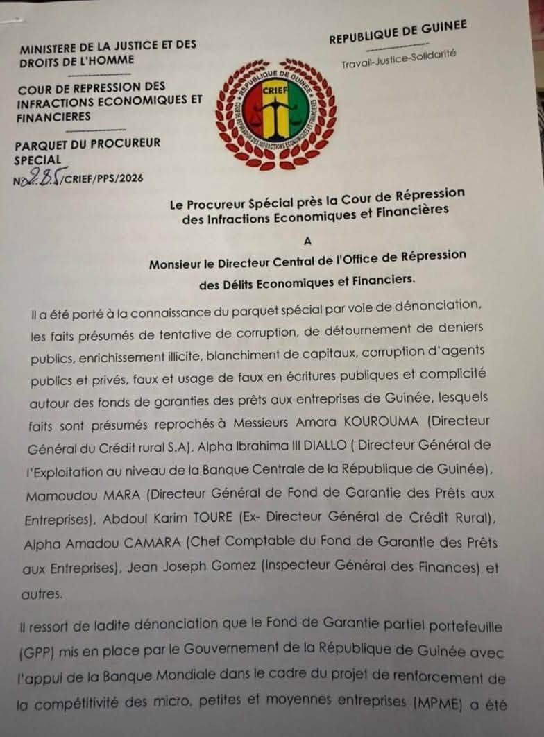 Guinée : Ouverture d’une enquête judiciaire suite à des soupçons de détournement de fonds alloués aux projets agricoles